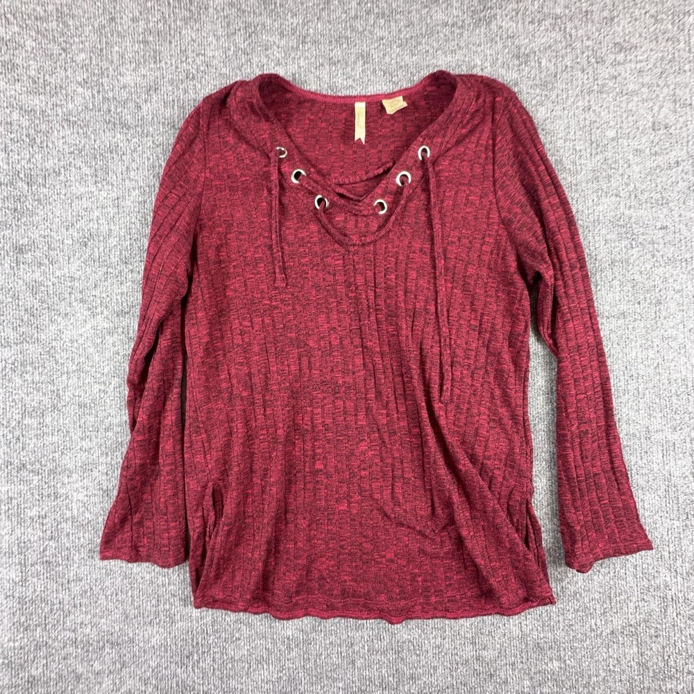 Chenault Blouse Womens Large Red Lace Up V Neck Long Sleeve Knit Textured Top